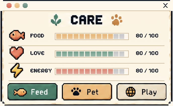 Care window with Food, Love and Energy meters and Feed, Pet and Play controls