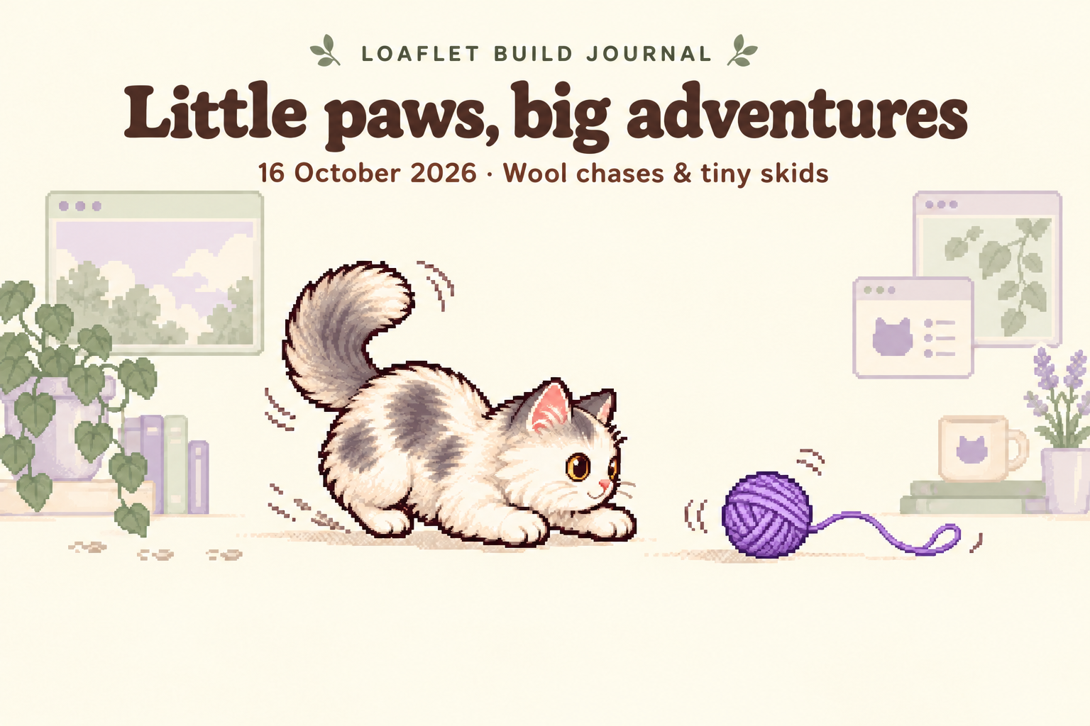 Loaflet build journal, 16 October 2026: Little paws, big adventures. Wool chases and tiny skids, illustrated with Kiko and a purple wool ball.