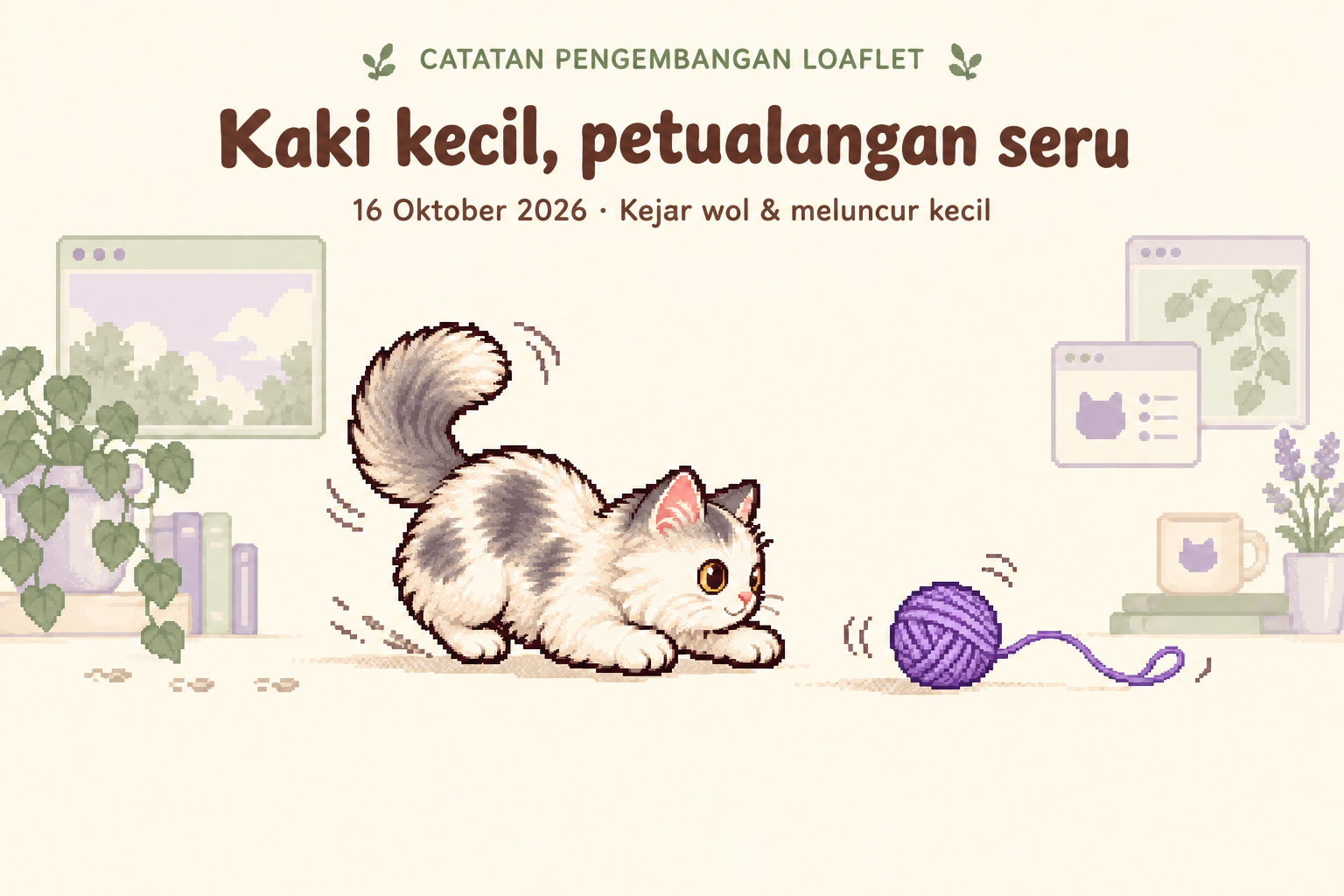 Catatan pengembangan Loaflet, 16 Oktober 2026: Kaki kecil, petualangan seru. Kejar wol dan meluncur kecil, dengan ilustrasi Kiko dan bola wol ungu.